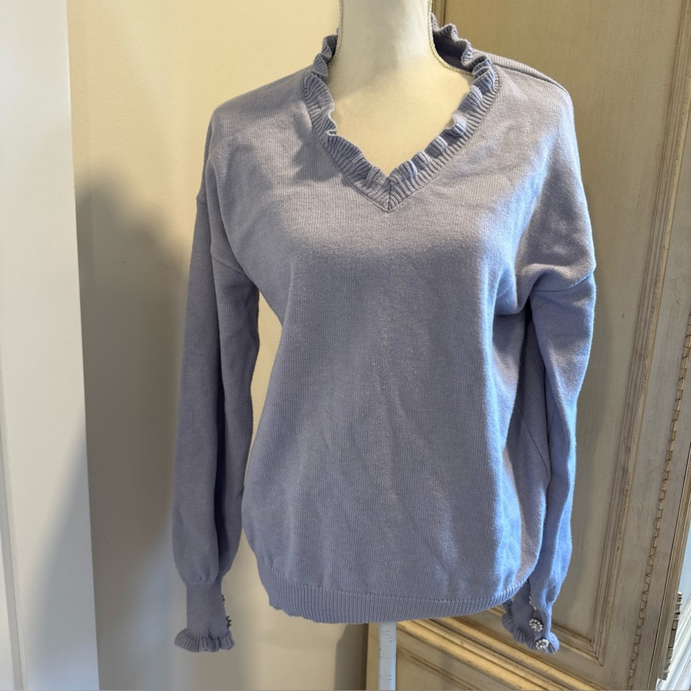 Mazik V-Neck Sweater with Ruffle Trim - Lavender